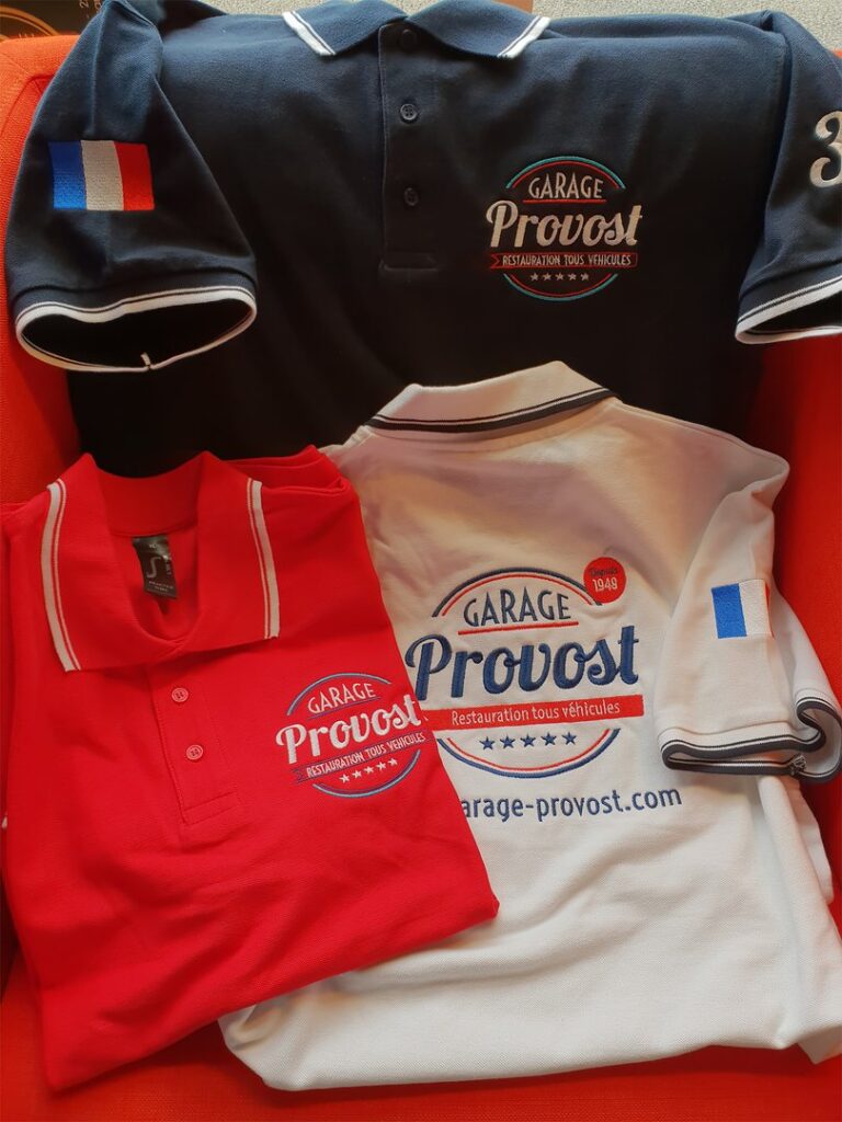 Polos brodés Garage Provost avec logo et drapeau français
